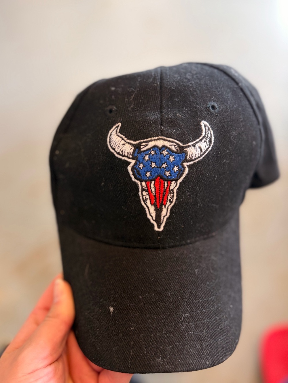 Source Unknown Black Baseball Cap with American Flag Bull Skull Patch
